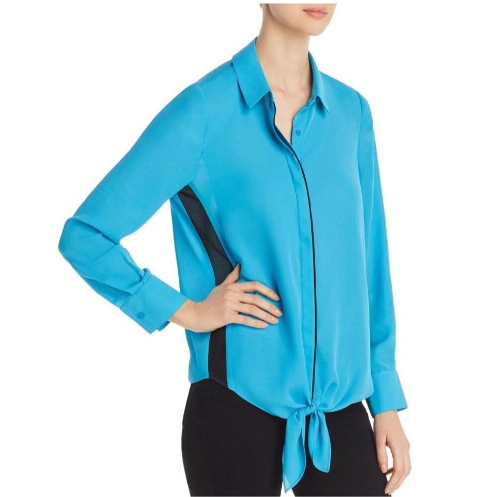 LE GALI Ariel Blouse Size XS Womens Blue Tie Front Long Sleeve Collared Office